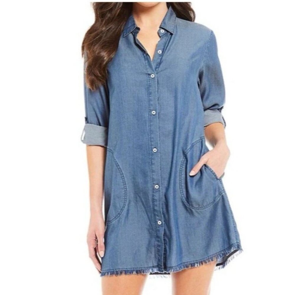 Tommy Bahama Chambray Boyfriend Shirt Dress L Large Blue Pockets NEW